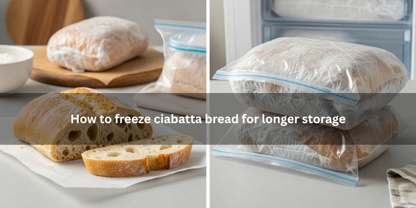 Ciabatta bread wrapped for freezing in freezer-safe storage, with one sliced section showing airy crumb and crisp crust under soft natural light.-how to store ciabatta bread 