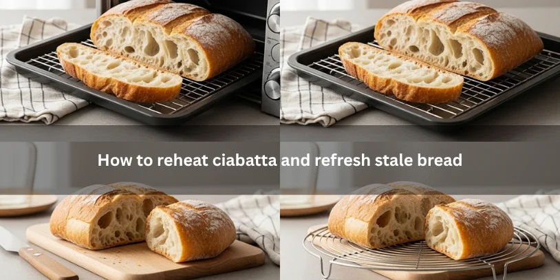 Ciabatta bread being reheated to refresh stale bread, with before-and-after texture shown under soft natural light.-how to store ciabatta bread 