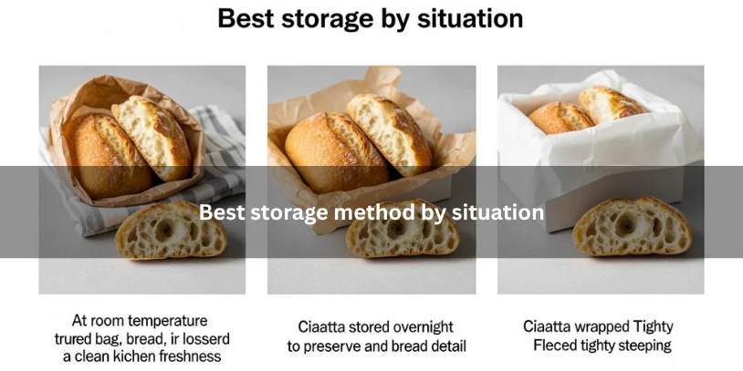 Comparison showing the best ciabatta bread storage methods for room temperature, overnight, and freezer storage under soft natural light.-how to store ciabatta bread 