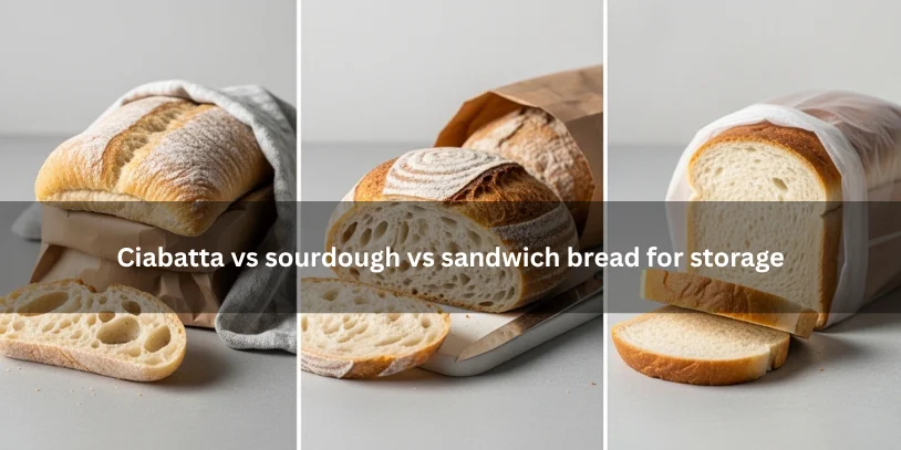 Three-way comparison of ciabatta, sourdough, and sandwich bread with different crumb textures and storage methods under soft natural light.-how to store ciabatta bread 