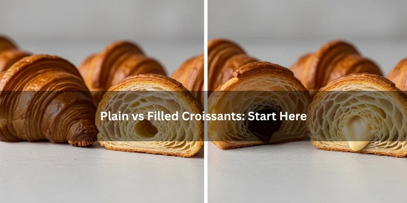 Side-by-side comparison of plain croissants and filled croissants showing flaky layers, airy crumb, and rich interior fillings under soft natural light.-how to store croissants overnight 