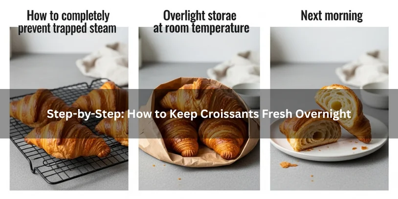 Three-step visual showing how to cool, loosely store, and keep croissants fresh overnight under soft natural lighting.-how to store croissants overnight 
