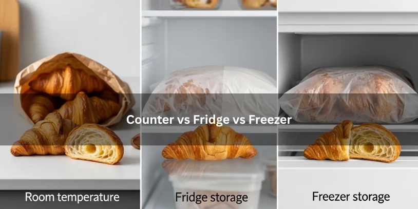 Three-way comparison showing croissants stored on the counter, in the fridge, and in the freezer under soft natural light.-how to store croissants overnight 
