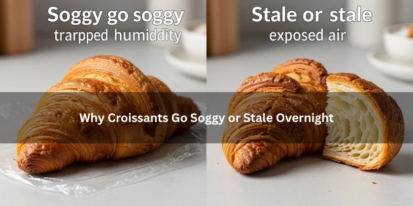 Side-by-side visual showing a soggy croissant from trapped moisture and a stale croissant from overnight drying under soft natural light.-how to store croissants overnight