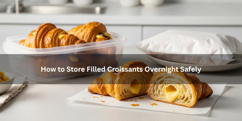 Filled croissants stored overnight safely in a container or wrap inside a refrigerator, with one cut open to show flaky layers and filling under soft natural light..-how to store croissants overnight