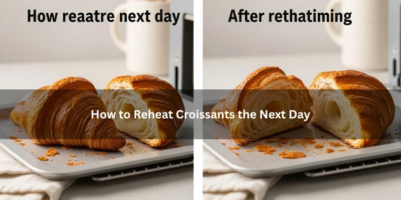 Day-old croissants being reheated in an oven or toaster oven, with one cut open to show restored flaky layers and airy interior under soft natural light.-how to store croissants overnight 