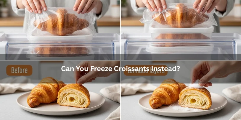 Croissants being wrapped and placed in freezer-safe storage, with one cut open to show flaky layers and next-day freshness under soft natural light.-how to store croissants overnight 