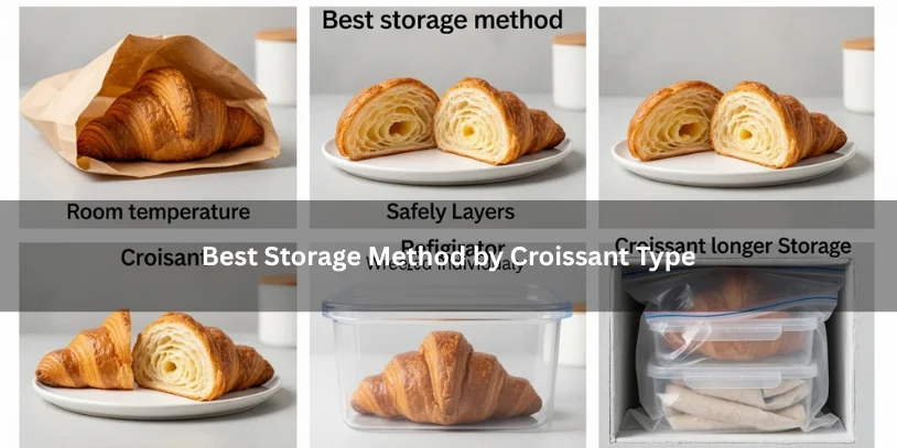 Comparison showing the best storage methods for plain, filled, and freezer-stored croissants under soft natural light.-how to store croissants overnight 
