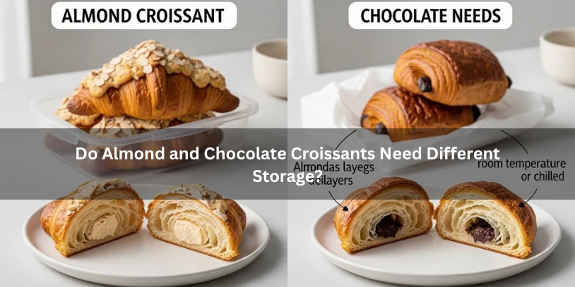 Side-by-side visual comparing almond and chocolate croissants with different overnight storage methods under soft natural light.-how to store croissants overnight