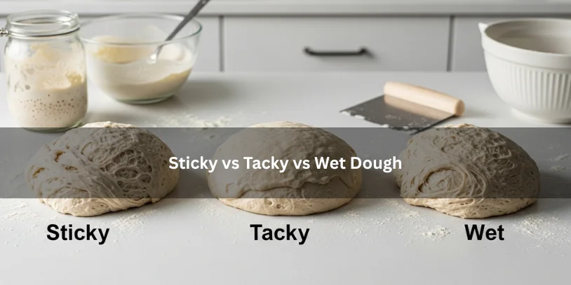 Stretch and fold and coil fold techniques shown side by side with sticky sourdough dough, illustrating different handling methods on a clean kitchen countertop.-sourdough is sticky during stretch and folds 