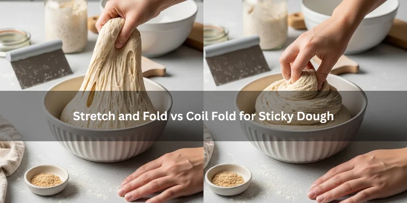 Stretch and fold and coil fold techniques shown side by side with sticky sourdough dough, illustrating different handling methods on a clean kitchen countertop..-sourdough is sticky during stretch and folds