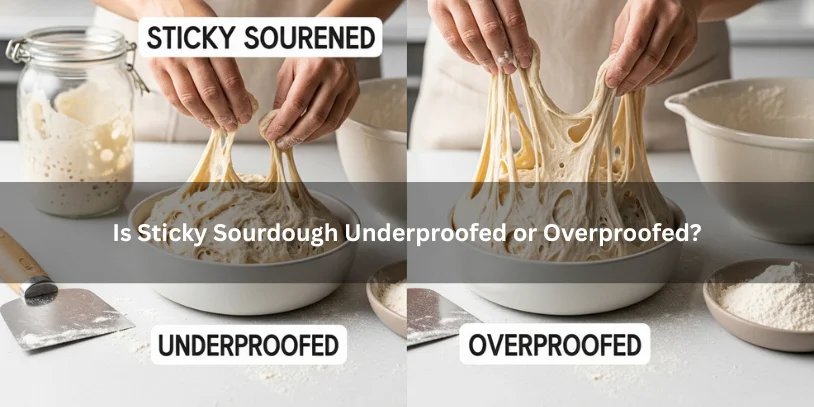 Underproofed and overproofed sourdough dough shown side by side, illustrating proofing-related texture and stickiness differences on a clean kitchen countertop.p.-sourdough is sticky during stretch and folds