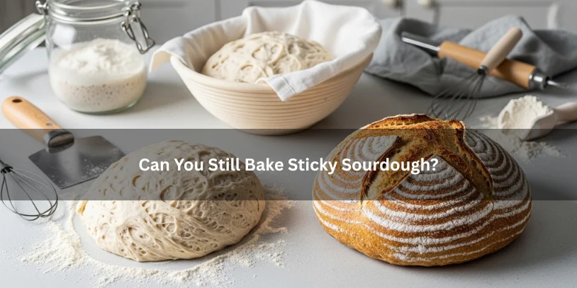 Sticky sourdough dough beside a finished rustic loaf, illustrating that soft sticky dough can still be baked successfully on a clean kitchen countertop.-sourdough is sticky during stretch and folds 