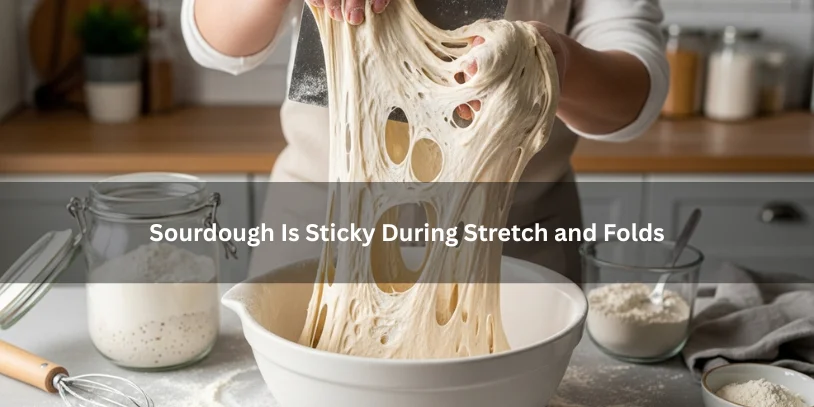 Sticky sourdough dough being stretched and folded in a bowl, illustrating why dough can feel sticky during early development on a clean kitchen countertop.-sourdough is sticky during stretch and folds