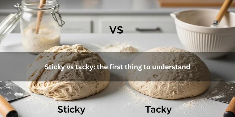 Sticky and tacky sourdough dough shown side by side during bulk fermentation, illustrating the texture difference on a clean kitchen countertop.-sourdough sticky during bulk fermentation