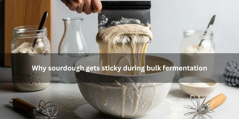 Sticky sourdough dough during bulk fermentation clinging to the bowl and scraper, illustrating why dough becomes sticky in a clean kitchen setting.-sourdough sticky during bulk fermentation 