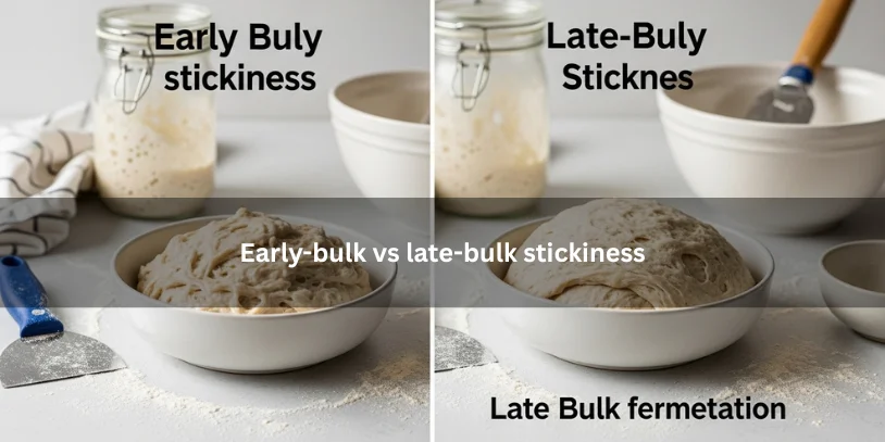 Early-bulk and late-bulk sourdough dough shown side by side, illustrating how stickiness changes as fermentation progresses on a clean kitchen countertop.-sourdough sticky during bulk fermentation 