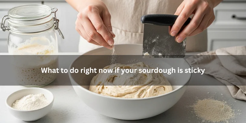 Sticky sourdough dough being worked with a bench scraper and a dusting of flour, illustrating steps to manage stickiness in a clean kitchen setting.-sourdough sticky during bulk fermentation 