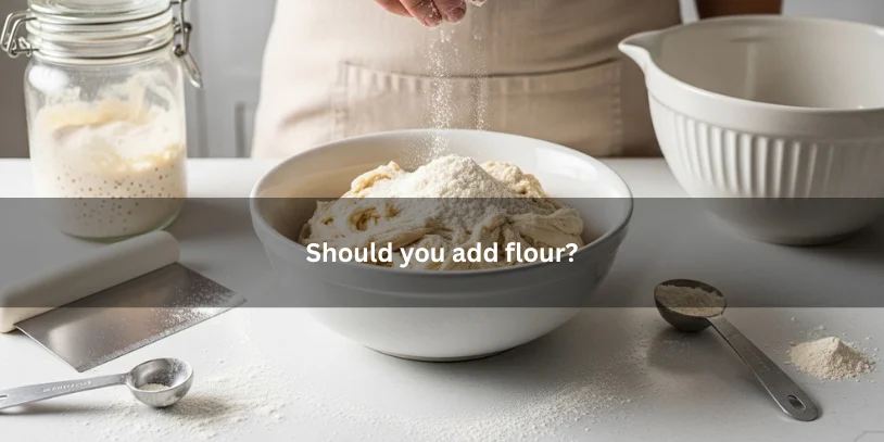 Sticky sourdough dough being lightly dusted with flour to manage stickiness, illustrating how to handle the dough in a clean kitchen setting.-sourdough sticky during bulk fermentation 