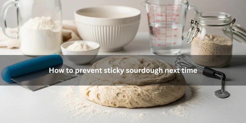 Smooth sourdough dough beside starter, flour, and baking tools, illustrating how to prevent sticky sourdough with better dough handling and balance.-sourdough sticky during bulk fermentation 
