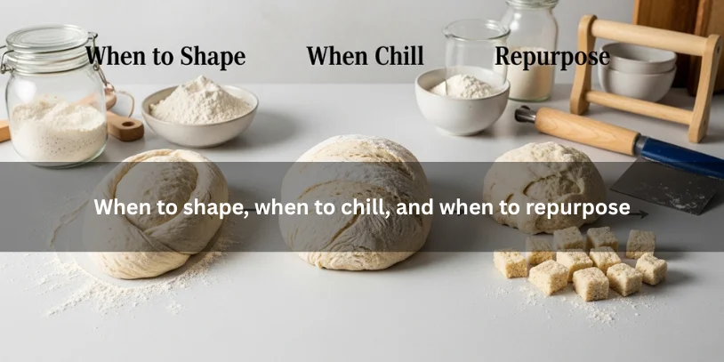 Sourdough dough at different stages: shaping, chilling, and repurposing, illustrating the right time to handle dough in a clean kitchen setting.-sourdough sticky during bulk fermentation 