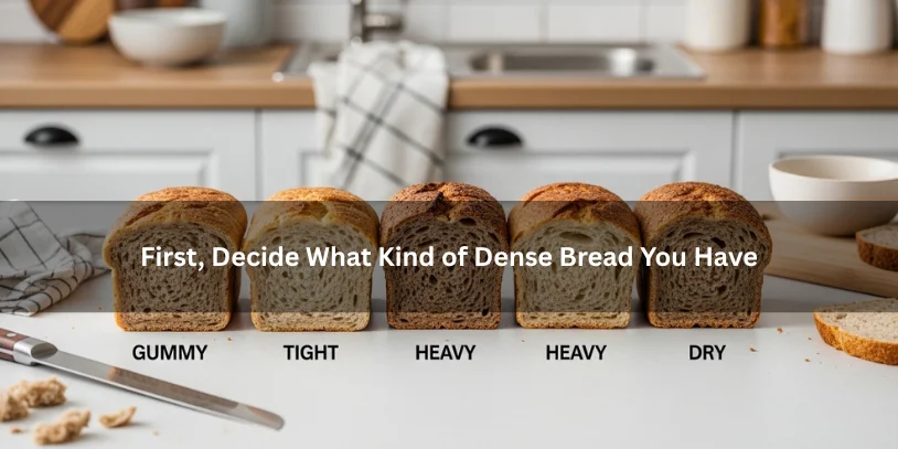 Different types of dense bread slices arranged side by side, illustrating crumb texture differences such as gummy, tight, heavy, and dry in a clean kitchen setting.-what to do with dense bread 