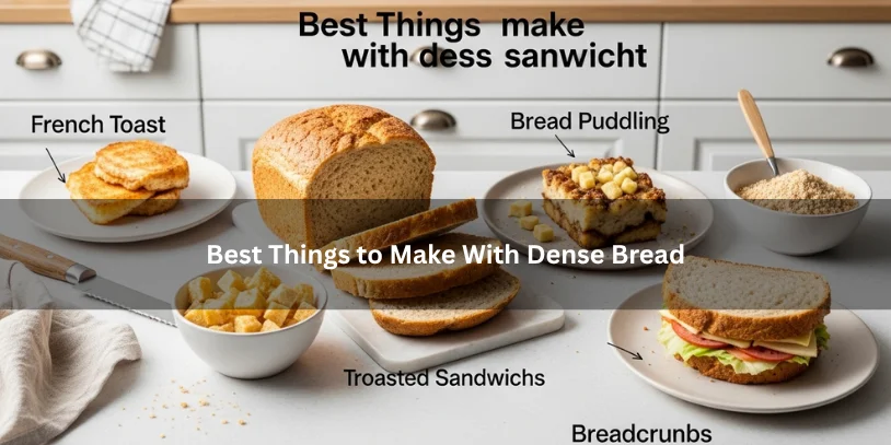 Dense homemade bread beside French toast, croutons, bread pudding, sandwiches, and breadcrumbs, illustrating the best ways to use heavy bread in a clean kitchen setting.-what to do with dense bread 