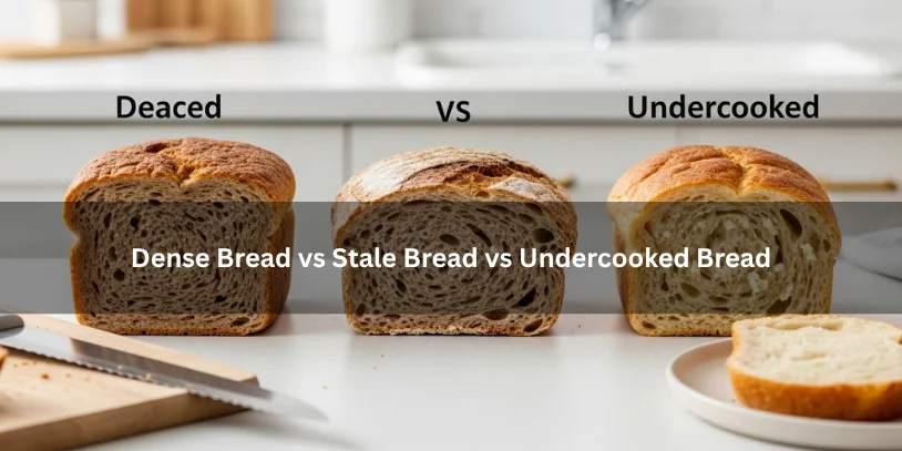 Dense bread, stale bread, and undercooked bread shown side by side, illustrating texture and crumb differences on a clean kitchen countertop.-what to do with dense bread
