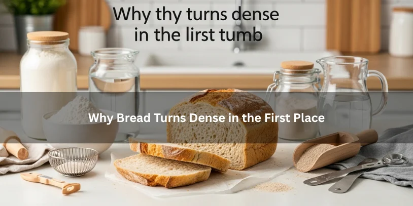 Dense homemade bread with a tight crumb beside flour, yeast, and measuring tools, illustrating common reasons bread turns heavy in a clean kitchen setting.-what to do with dense bread 