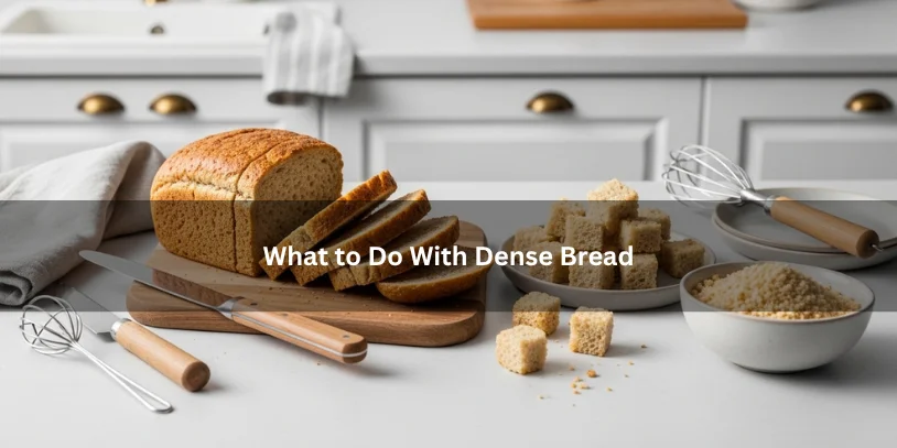 Dense homemade bread sliced on a board beside toast, croutons, and breadcrumbs, illustrating practical ways to use heavy bread in a clean kitchen setting.-what to do with dense bread