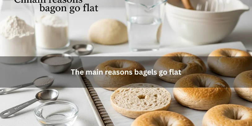 Flat homemade bagels beside baking ingredients and tools, illustrating common reasons bagels lose shape and fail to rise properly in a clean kitchen setting.-why are my bagels flat 