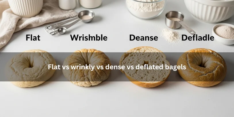 Flat, wrinkly, dense, and deflated homemade bagels shown side by side, illustrating common bagel texture and shape problems on a clean kitchen countertop.-why are my bagels flat 