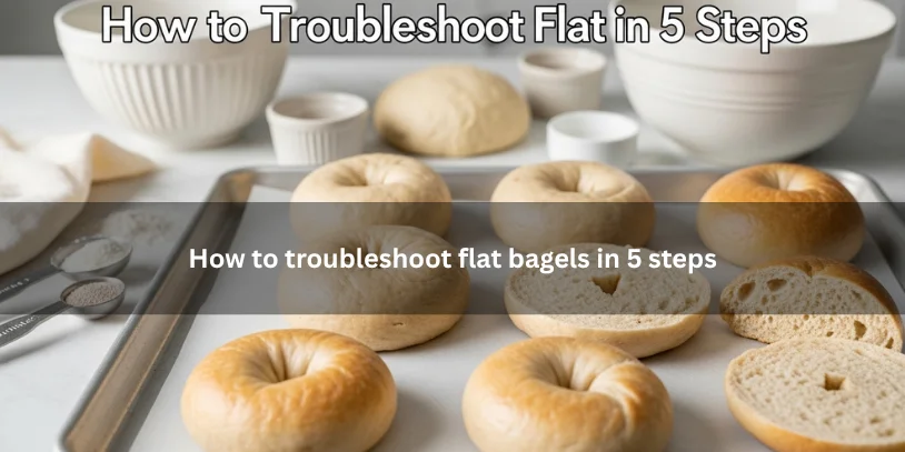 Flat homemade bagels beside dough, yeast, and baking tools, illustrating a step-by-step troubleshooting setup on a clean kitchen countertop.-why are my bagels flat 