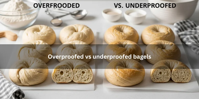 Overproofed and underproofed bagels shown side by side, illustrating differences in shape, rise, and crumb texture on a clean kitchen countertop.-why are my bagels flat 