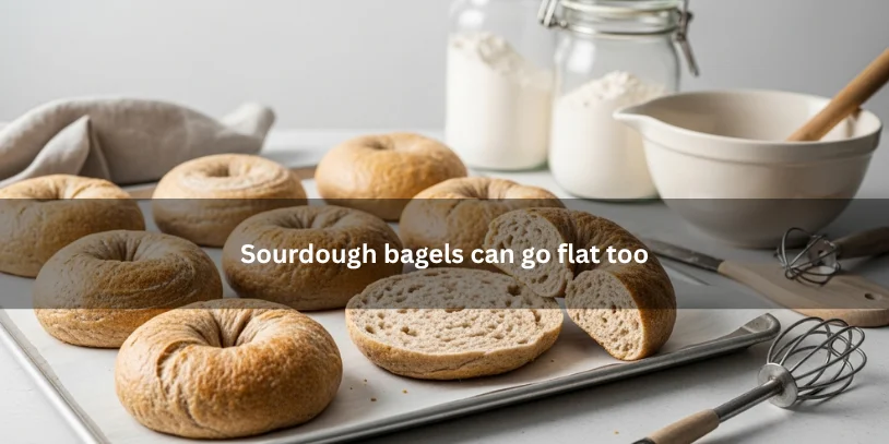 Flat homemade sourdough bagels beside sourdough starter and baking tools, illustrating that sourdough bagels can also lose shape and rise poorly.-why are my bagels flat 