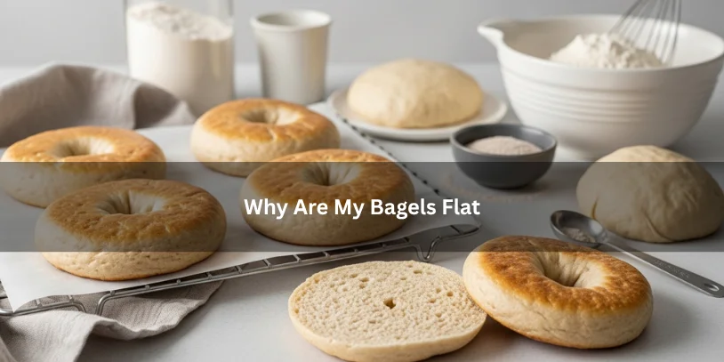 Flat homemade bagels on a baking tray beside baking ingredients, illustrating bagels that failed to rise properly in a clean kitchen setting.-why are my bagels flat