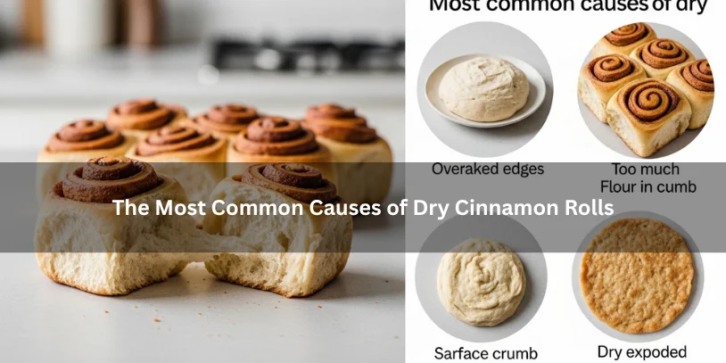 Why Are My Cinnamon Rolls Dry? Common Causes, Quick Fixes, and How to Keep Them Soft Freshly baked cinnamon rolls with a dry tight crumb beside common baking clues like overbaked edges and dry dough, illustrating the most common causes of dry cinnamon rolls under soft natural lighting.-why are my cinnamon rolls dry