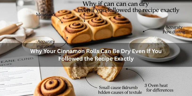 Why Are My Cinnamon Rolls Dry? Common Causes, Quick Fixes, and How to Keep Them Soft Freshly baked cinnamon rolls with a slightly dry tight crumb beside measured ingredients and recipe cues, illustrating why cinnamon rolls can turn dry even when the recipe is followed exactly under soft natural lighting.-why are my cinnamon rolls dry
