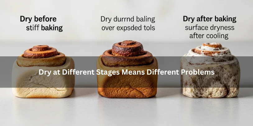 Why Are My Cinnamon Rolls Dry? Common Causes, Quick Fixes, and How to Keep Them Soft Three cinnamon roll examples showing dryness before baking, during baking, and after cooling, illustrating how dry cinnamon rolls at different stages point to different problems under soft natural lighting.-why are my cinnamon rolls dry