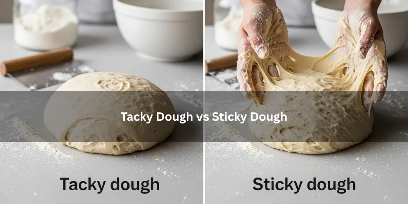 Why Are My Cinnamon Rolls Dry? Common Causes, Quick Fixes, and How to Keep Them Soft Two portions of enriched dough comparing tacky dough and sticky dough, illustrating handling and texture differences under soft natural lighting.-why are my cinnamon rolls dry