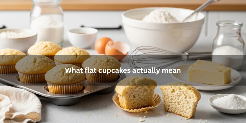 Flat homemade cupcakes with one cut open to show the inside, illustrating what flat cupcake tops can indicate in a clean kitchen setting.-why are my cupcakes flat 