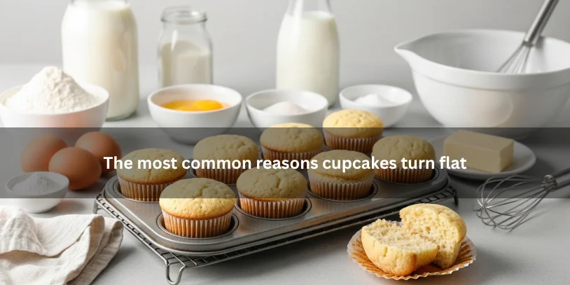 Flat homemade cupcakes beside baking ingredients and tools, illustrating common reasons cupcakes fail to rise properly in a clean kitchen setting.-why are my cupcakes flat 