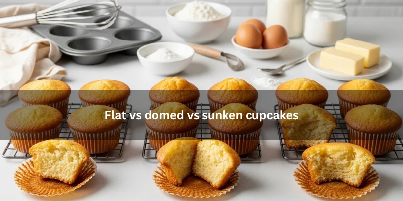 Flat, domed, and sunken cupcakes shown side by side, illustrating the visual differences in cupcake shape and texture on a clean kitchen countertop.-why are my cupcakes flat 