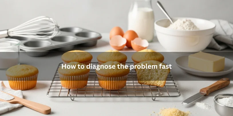 Cupcakes with flat, domed, and sunken tops beside baking tools and ingredients, illustrating how to quickly diagnose cupcake baking problems.-why are my cupcakes flat 