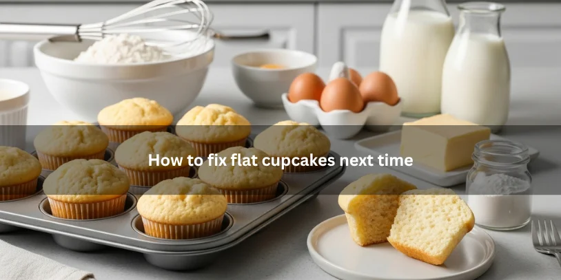 Homemade cupcakes with gently domed tops beside baking ingredients and tools, illustrating how to get better cupcake rise next time in a clean kitchen setting.-why are my cupcakes flat 