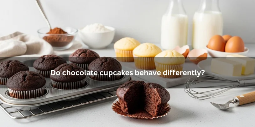 Chocolate cupcakes beside baking ingredients and a cut-open cupcake, illustrating how chocolate cupcakes can behave differently in texture and rise.-why are my cupcakes flat 
