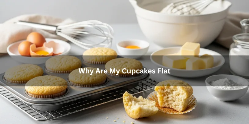 Flat homemade cupcakes on a cooling rack beside baking ingredients, illustrating cupcakes that failed to rise properly in a clean kitchen setting.-why are my cupcakes flat