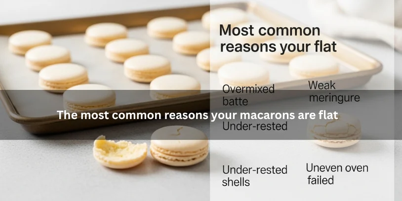 Why Are My Macarons Flat? Causes, Fixes, and a Better Way to Troubleshoot Every Batch Homemade flat macarons with thin shells and little to no feet beside common troubleshooting clues, illustrating the most common reasons macarons turn out flat under soft natural lighting.-why are my macarons flat