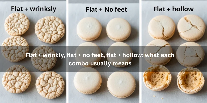 Why Are My Macarons Flat? Causes, Fixes, and a Better Way to Troubleshoot Every Batch Three groups of homemade macarons showing flat and wrinkly shells, flat shells with no feet, and flat hollow macarons, illustrating what each failure combination usually means under soft natural lighting.-why are my macarons flat