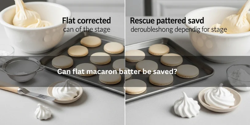 Why Are My Macarons Flat? Causes, Fixes, and a Better Way to Troubleshoot Every Batch Macaron batter beside a tray of flat macarons and a better corrected batch, illustrating whether flat macaron batter can be saved under soft natural lighting.-why are my macarons flat
